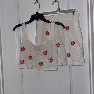 White Knit Floral Two-Piece Set